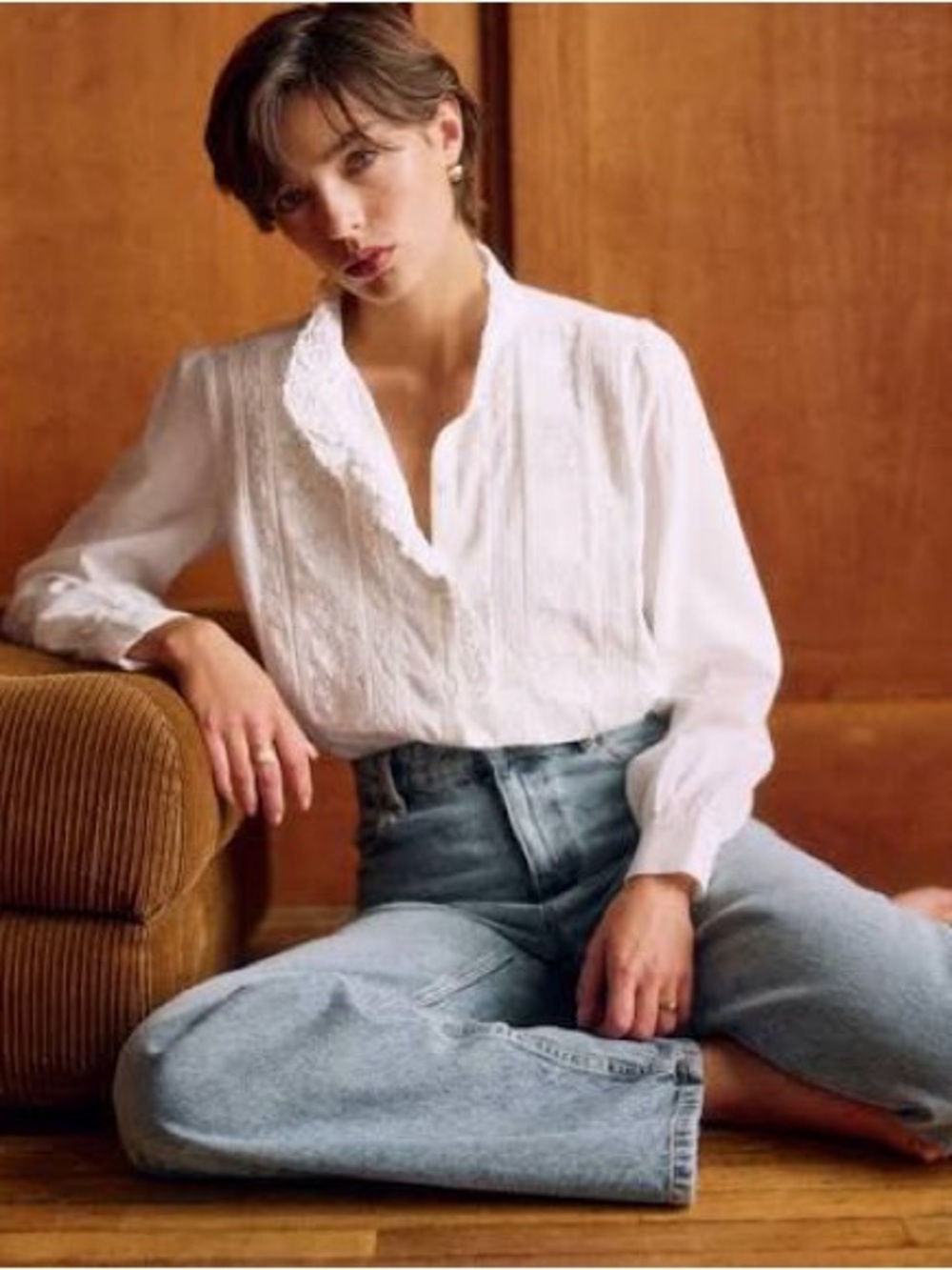 Sézane Chlo White Lace-Trim Button Blouse